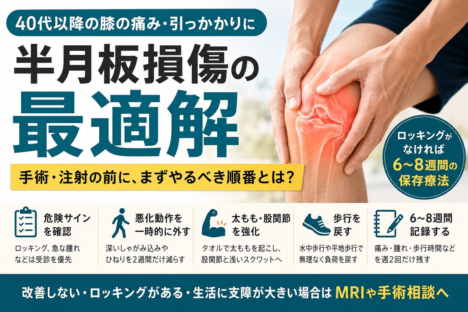 中高年の半月板損傷は手術前に何をする?保存療法で膝を戻す5ステップ