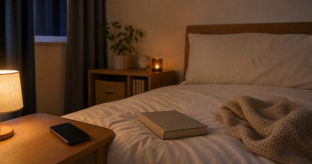 夜の寝室でスマホを離し、暖色の灯りと本で睡眠前の刺激を減らす様子