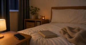 夜の寝室でスマホを離し、暖色の灯りと本で睡眠前の刺激を減らす様子