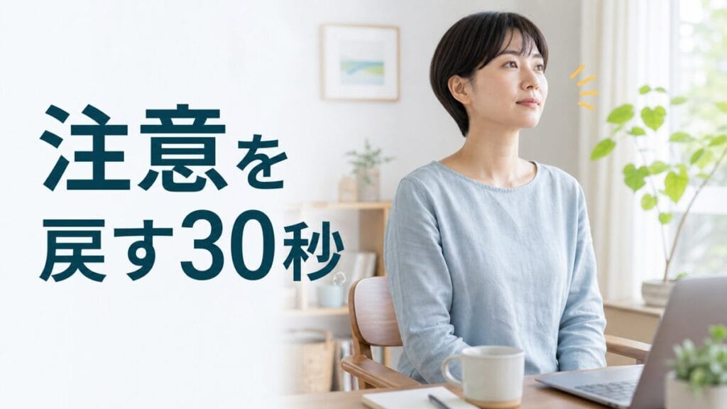 日常の椅子に座り、目を開けたまま注意を戻す30秒の瞑想を行う人