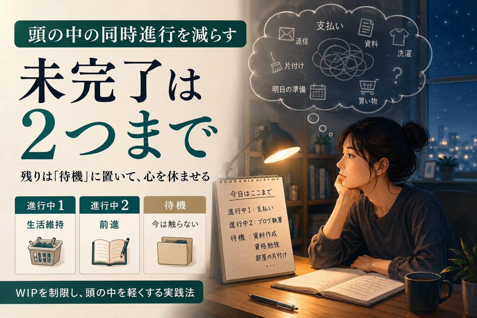 休んでも頭が仕事中の人へ:未完了を2つまでに減らす