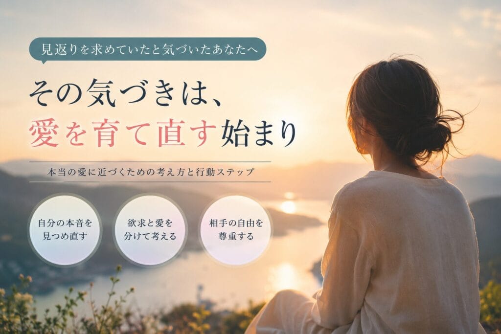 夕景を見つめる人物と、見返りを求めていた気づきから愛を見直すことを表したアイキャッチ画像