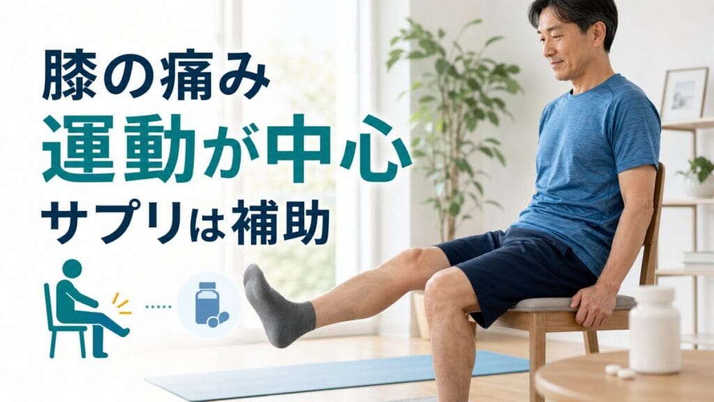 椅子で膝の運動をする男性。膝の痛みは運動が中心、サプリは補助と示す画像