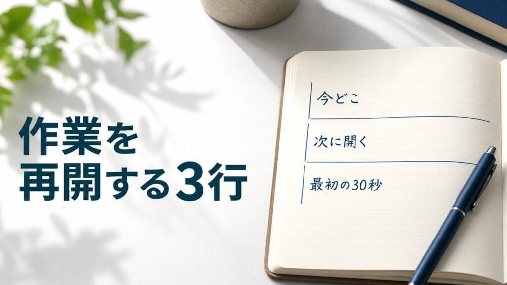 作業中断前に、今どこ、次に開く、最初の30秒を書くノート