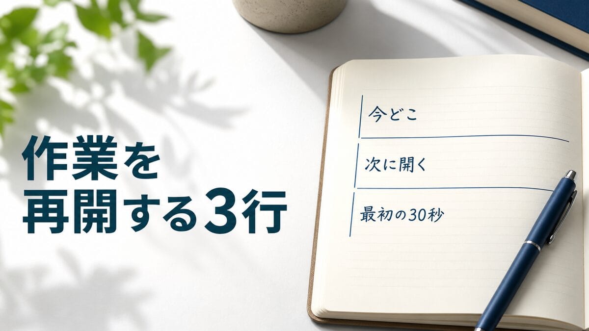 作業中断前に、今どこ、次に開く、最初の30秒を書くノート