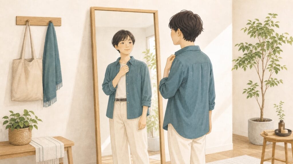 鏡の前で襟元を整える人物のイラスト